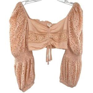 Surf Gypsy Peach Crochet Ballon Sleeve Cropped Eyelet Top